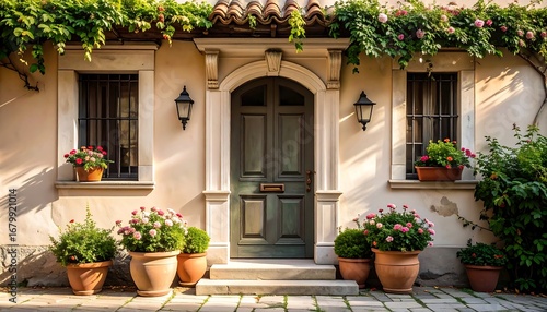 A charming, sun-drenched facade of a light beige building, adorned with lush greenery, colorful flowers, and a dark-green front door, evokes a sense of timeless beauty and tranquility.