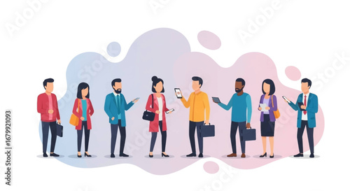 Diverse business professionals and individuals use smartphones and tablets, symbolizing digital communication, connectivity, and modern lifestyle.