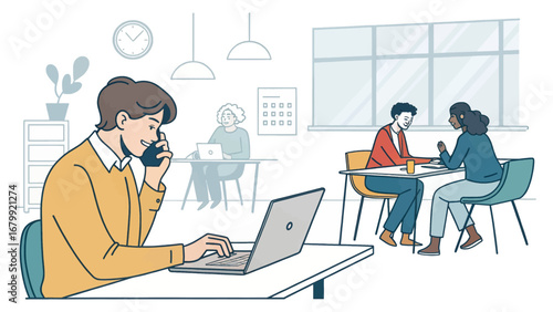 Diverse business professionals collaborate and work productively in a modern office environment, illustrating teamwork, communication, and digital connectivity.