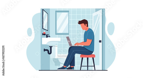 Man on laptop in a bathroom, depicting remote work, work-life integration, and finding a quiet space for productivity. Modern lifestyle.