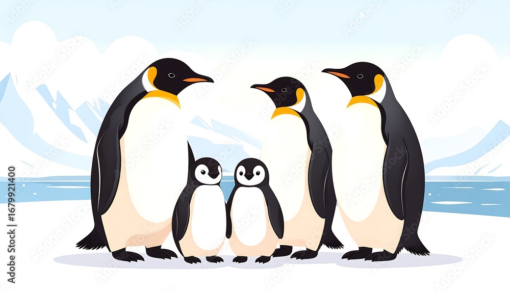 Fototapeta premium A family of emperor penguins stands proudly on an icy landscape, showcasing their elegant black and white plumage.