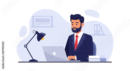 A professional businessman works diligently on a laptop at his desk in a modern office setting, representing productivity and corporate success.