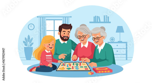 Happy multi-generational family playing a board game at home, fostering connections and creating joyful memories. Ideal for themes of family bonding, leisure, and intergenerational fun.