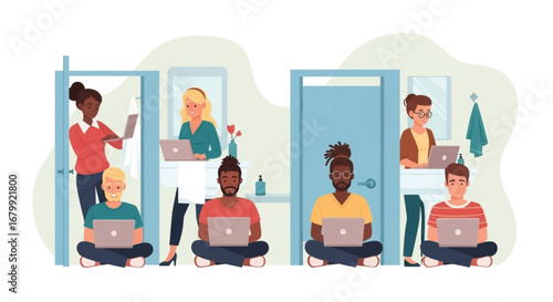 Diverse people working remotely on laptops from various home or unconventional spaces, symbolizing modern flexible work, adaptability, and digital lifestyle.