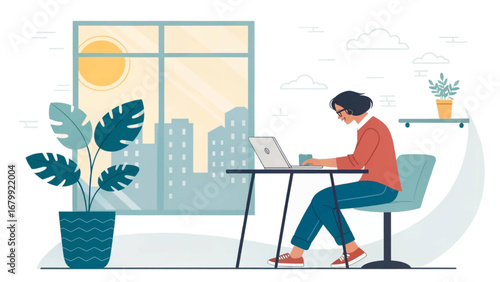 Woman working remotely on a laptop in a modern home office with a city view, symbolizing productivity, online learning, and a flexible lifestyle.