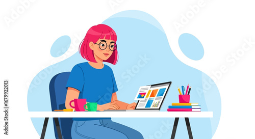 Smiling woman with pink hair and glasses uses a laptop at her desk, symbolizing remote work, online learning, and digital creativity. Perfect for modern lifestyle and business concepts.
