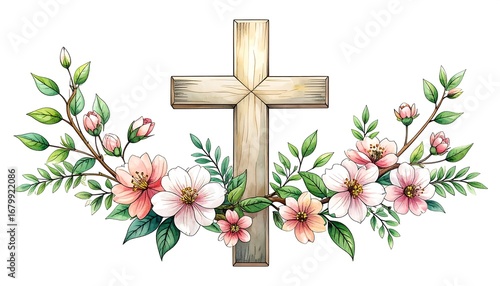 A wooden cross is adorned with delicate spring flowers, creating a peaceful and serene design.