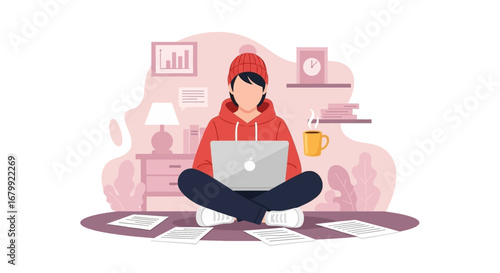 Person comfortably working on a laptop at home, surrounded by documents and a warm drink. Ideal for concepts like remote work, freelancing, or online learning and productivity.
