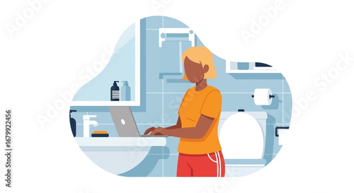 A woman in a bathroom uses a laptop, depicting the challenges of remote work, privacy, and finding space while working from home. Highlights multitasking and modern work-life balance.