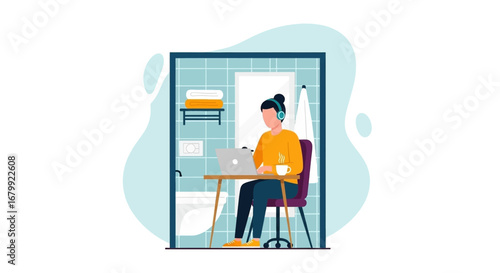 Woman working remotely on laptop with headphones in a bathroom, illustrating challenges of finding a quiet space for focus and productivity.