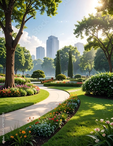 A picturesque park path winds through vibrant flowerbeds, flanked by lush greenery and modern city buildings, bathed in the morning light.