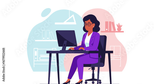A focused professional woman in a purple suit works diligently at her computer in a modern office, representing productivity, remote work, and business success.