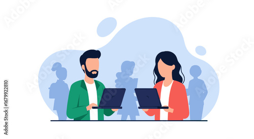 Two diverse professionals actively working on laptops, symbolizing remote collaboration, teamwork, and modern digital communication in a business setting.