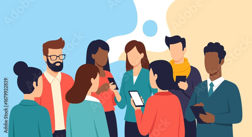 Diverse group of people engaging with smartphones, symbolizing modern communication, digital networking, and social media connectivity.