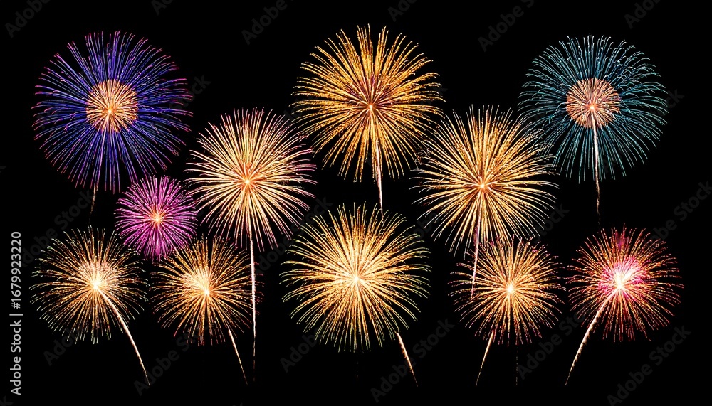 Fototapeta premium A captivating collection of firework bursts illuminating the night sky with radiant displays