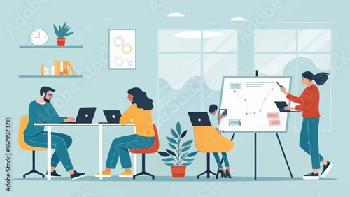 Diverse team collaborates in a modern office, analyzing data and presenting ideas. Ideal for business, teamwork, and productivity concepts.