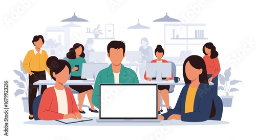 A diverse team of professionals collaborates in a modern office, working on computers. Ideal for business, technology, and teamwork concepts.