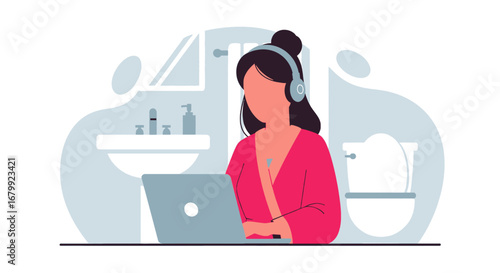 Modern woman in a bathrobe and headphones uses a laptop in a bathroom, depicting casual remote work and a flexible, home-based professional lifestyle.