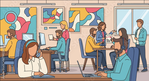 Diverse business team collaborating and working diligently in a modern office environment, demonstrating teamwork and professional productivity. Ideal for corporate and customer service themes.