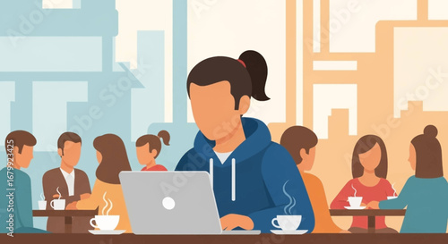 Person working remotely on a laptop at a bustling coffee shop, embodying modern flexible work or study. Ideal for business, freelance, and lifestyle concepts.