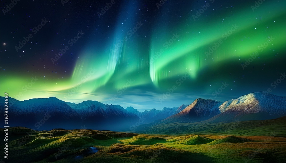 Naklejka premium a beautiful view of aurora in northern sky night over the hills green borealis over the mountains northern lights background wallpaper