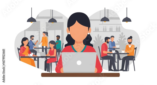 Woman working on laptop in a vibrant, modern cafe. Represents remote work, co-working, and productive lifestyle.