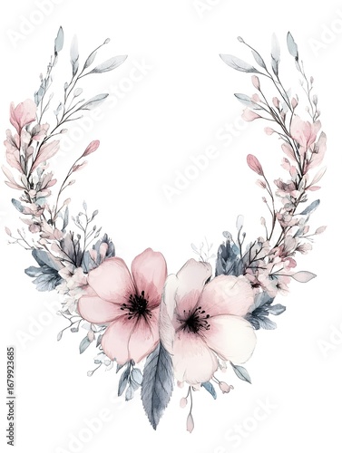 Elegant Hand-Painted Floral Design: Romantic Watercolor Flower Arrangement with Pink Blossoms and Green Leaves for Wedding Celebration