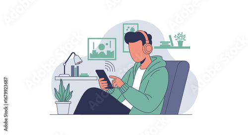 Person relaxing with headphones, using a smartphone for music or communication in a cozy home setting. Represents digital connectivity, leisure, and modern lifestyle.