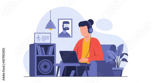 Person wearing headphones uses a laptop for remote work or online learning in a cozy home setting, illustrating modern digital lifestyle.