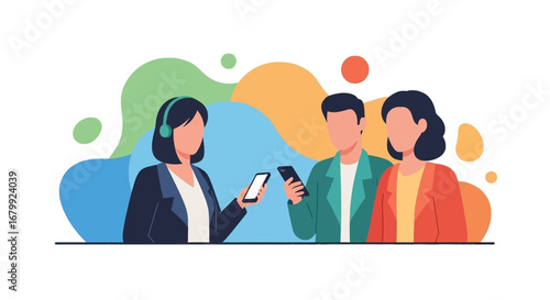 Customer service agent with a headset assists diverse clients interacting with smartphones, symbolizing digital communication, online support, and modern connectivity.