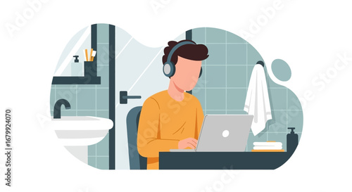 Young person in headphones working remotely on a laptop in a bathroom setting. Represents flexible work, unique workspaces, or a work-life blend.