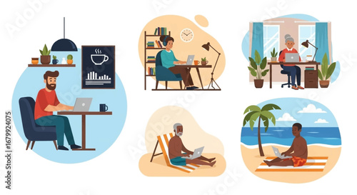 Diverse people working remotely from various locations, including home offices, a cafe, and a tropical beach, illustrating flexible work, freelance lifestyles, and modern productivity.
