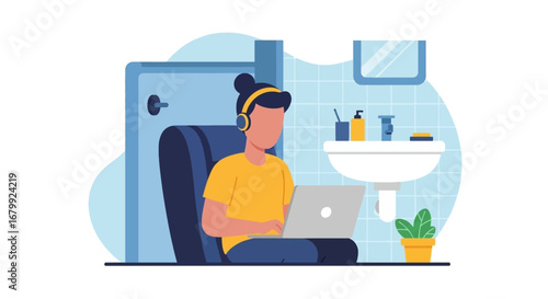 Person focused on laptop with headphones, working remotely in an unconventional bathroom setting. Represents flexible work, modern lifestyle, and adaptability.