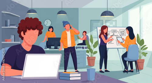 Dynamic team collaboration in a modern office, focusing on innovation and project development. Ideal for business, technology, and lifestyle concepts.
