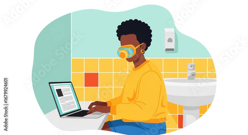 Person in a protective mask works remotely on a laptop in a washroom, blending safety and digital productivity in an unusual setting.
