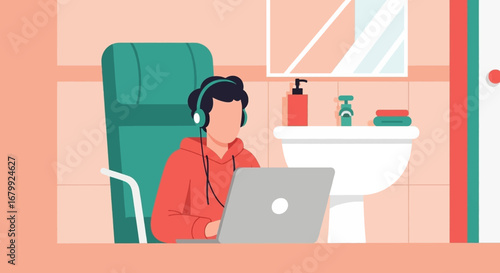 Person in headphones works on a laptop in a bathroom, illustrating remote work, flexible workspaces, or online learning from an unusual private spot.