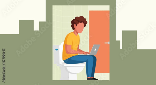 Man working on a laptop while sitting on the toilet, illustrating remote work, multitasking, and productivity in everyday life. Modern lifestyle concept.