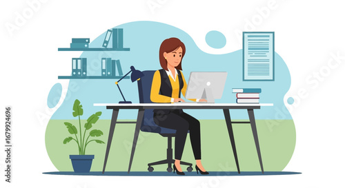 Professional woman happily working on her computer at a modern office desk, embodying productivity and a modern work lifestyle.