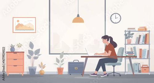 Woman working on laptop in a modern home office. Ideal for concepts of remote work, productivity, freelance lifestyle, and digital business.
