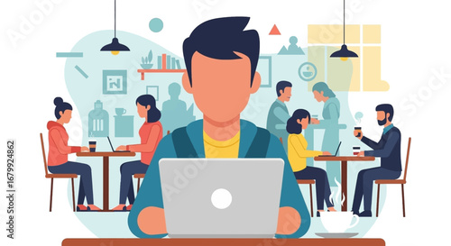 Man working on a laptop in a bustling cafe, surrounded by others. Represents modern remote work, co-working, and a productive lifestyle in a vibrant public space.