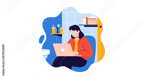 Woman working on a laptop while sitting on a toilet, illustrating remote work, multitasking, and unconventional home office settings.