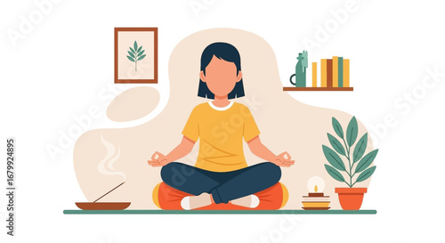A calm individual finds inner peace through meditation at home, surrounded by soothing elements. Perfect for wellness, mental health, and mindful lifestyle promotions.