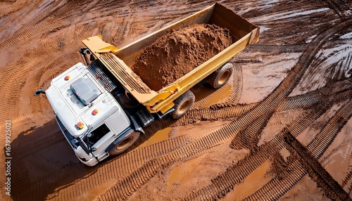 aerial view directly above an industrial dumper truck or earth mover vehicle with muddy soil and tire tracks in the construction industry on a brownfield