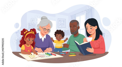 Happy multi-generational family bonding at home. Grandparents, parents, and children enjoy drawing, reading, and spending quality time together, fostering learning and connection.