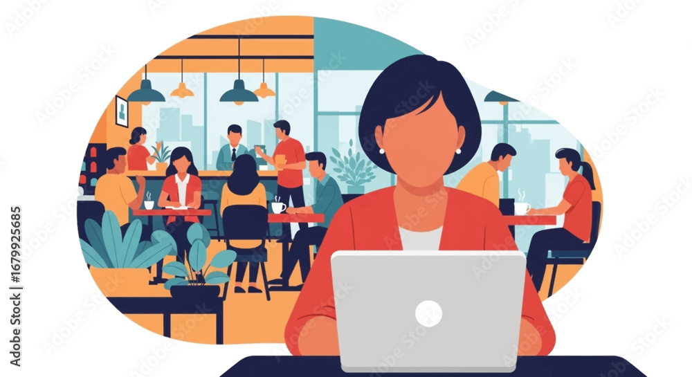 Fototapeta premium Professional woman working on a laptop in a bustling cafe, illustrating flexible work, remote jobs, and modern business lifestyle concepts.