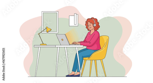Smiling woman in headphones works on her laptop at a home office desk. Ideal for concepts of remote work, online learning, or professional communication and lifestyle.