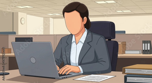 Professional businesswoman working diligently on a laptop in a modern office cubicle. Ideal for concepts of productivity, corporate life, and female professionals.