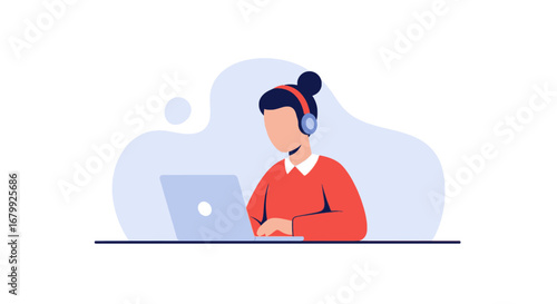 Focused person with headphones and laptop, ideal for remote work, online learning, virtual meetings, or customer support concepts.