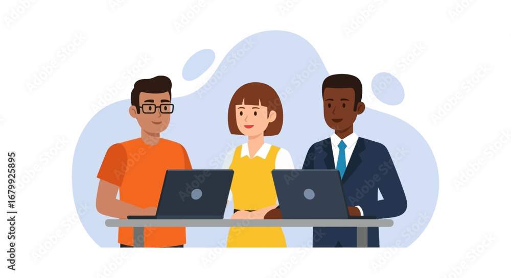 Obraz premium Diverse business team collaborating with laptops at a modern workspace. Represents teamwork, innovation, and digital communication in a professional setting.