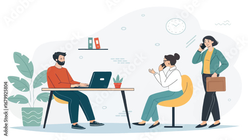Team of professionals working collaboratively in a modern office, engaged in laptops and phone calls, representing communication, productivity, and business success.